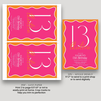 13th Birthday Invitation Girl, Pink Orange 13th Party Invite, Teen Printable Invite, Editable Corjl Template