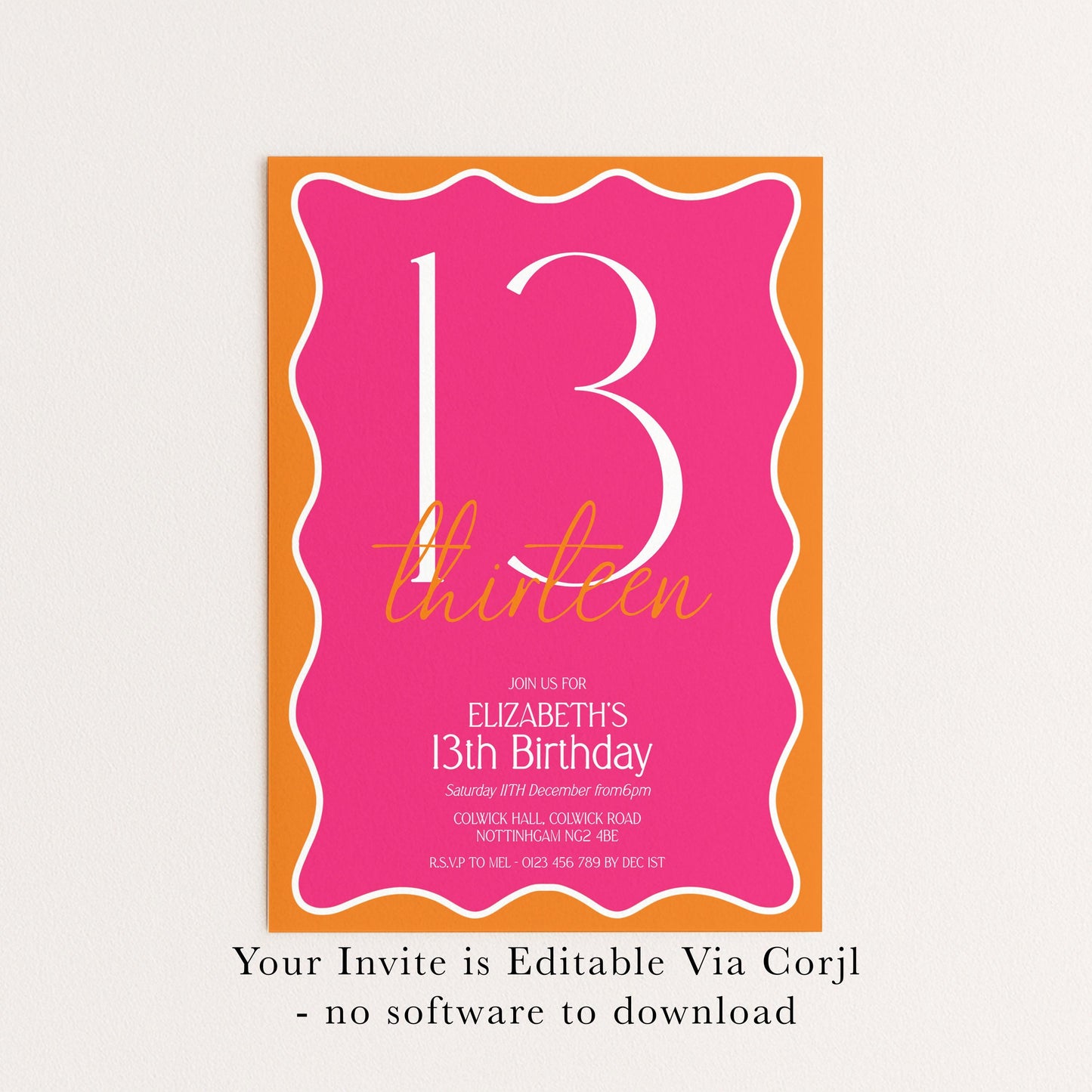 13th Birthday Invitation Girl, Pink Orange 13th Party Invite, Teen Printable Invite, Editable Corjl Template