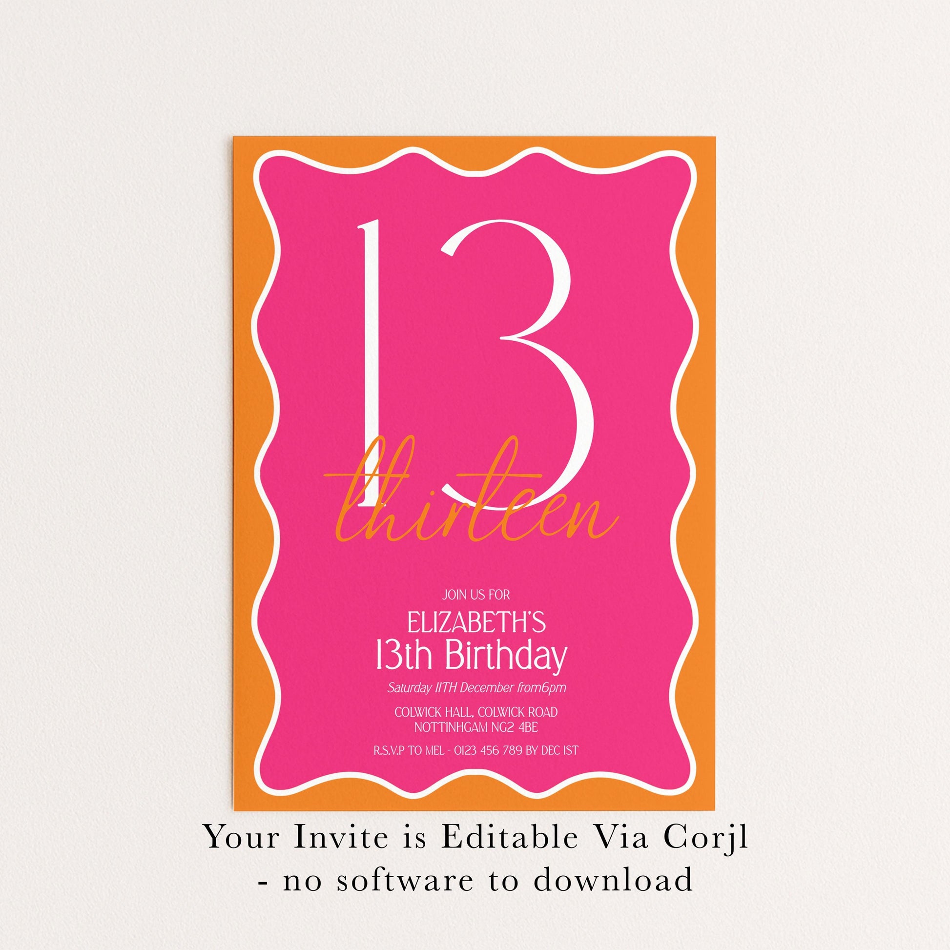 13th Birthday Invitation Girl, Pink Orange 13th Party Invite, Teen Printable Invite, Editable Corjl Template
