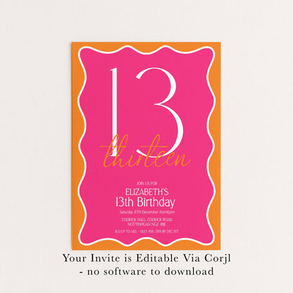 13th Birthday Invitation Girl, Pink Orange 13th Party Invite, Teen Printable Invite, Editable Corjl Template