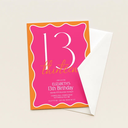 13th Birthday Invitation Girl, Pink Orange 13th Party Invite, Teen Printable Invite, Editable Corjl Template