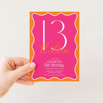 13th Birthday Invitation Girl, Pink Orange 13th Party Invite, Teen Printable Invite, Editable Corjl Template