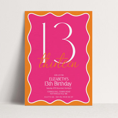 13th Birthday Invitation Girl, Pink Orange 13th Party Invite, Teen Printable Invite, Editable Corjl Template