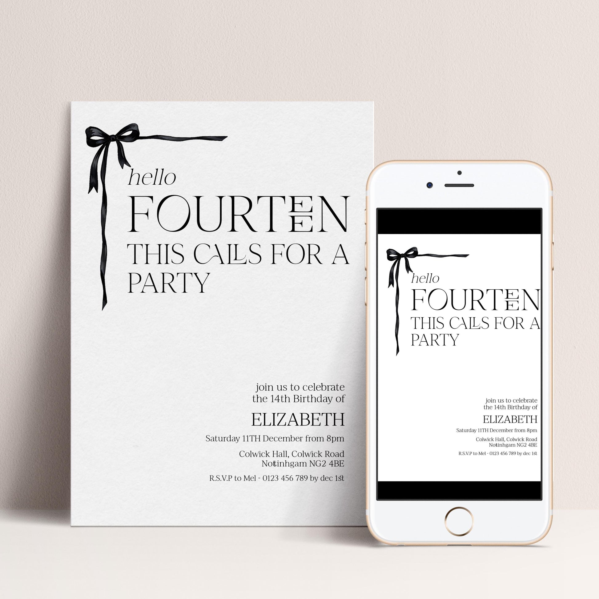 14th Birthday Invitation Girl, Hello Fourteen Party Invite, Bow Printable Invite, Editable Corjl Template
