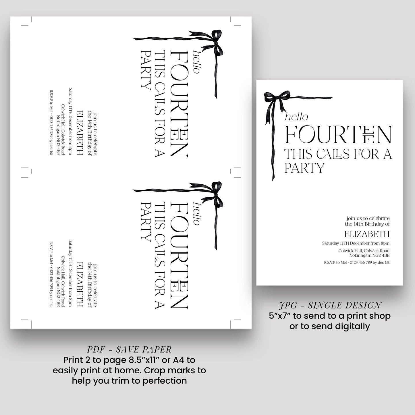 14th Birthday Invitation Girl, Hello Fourteen Party Invite, Bow Printable Invite, Editable Corjl Template