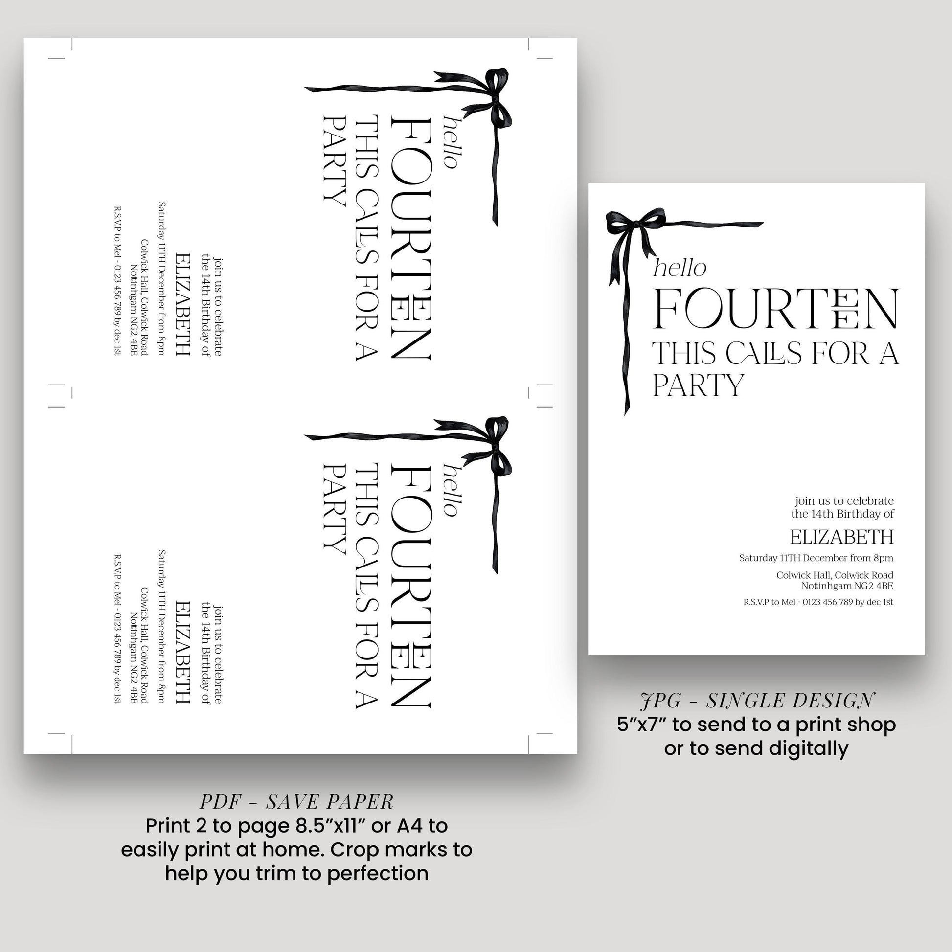 14th Birthday Invitation Girl, Hello Fourteen Party Invite, Bow Printable Invite, Editable Corjl Template