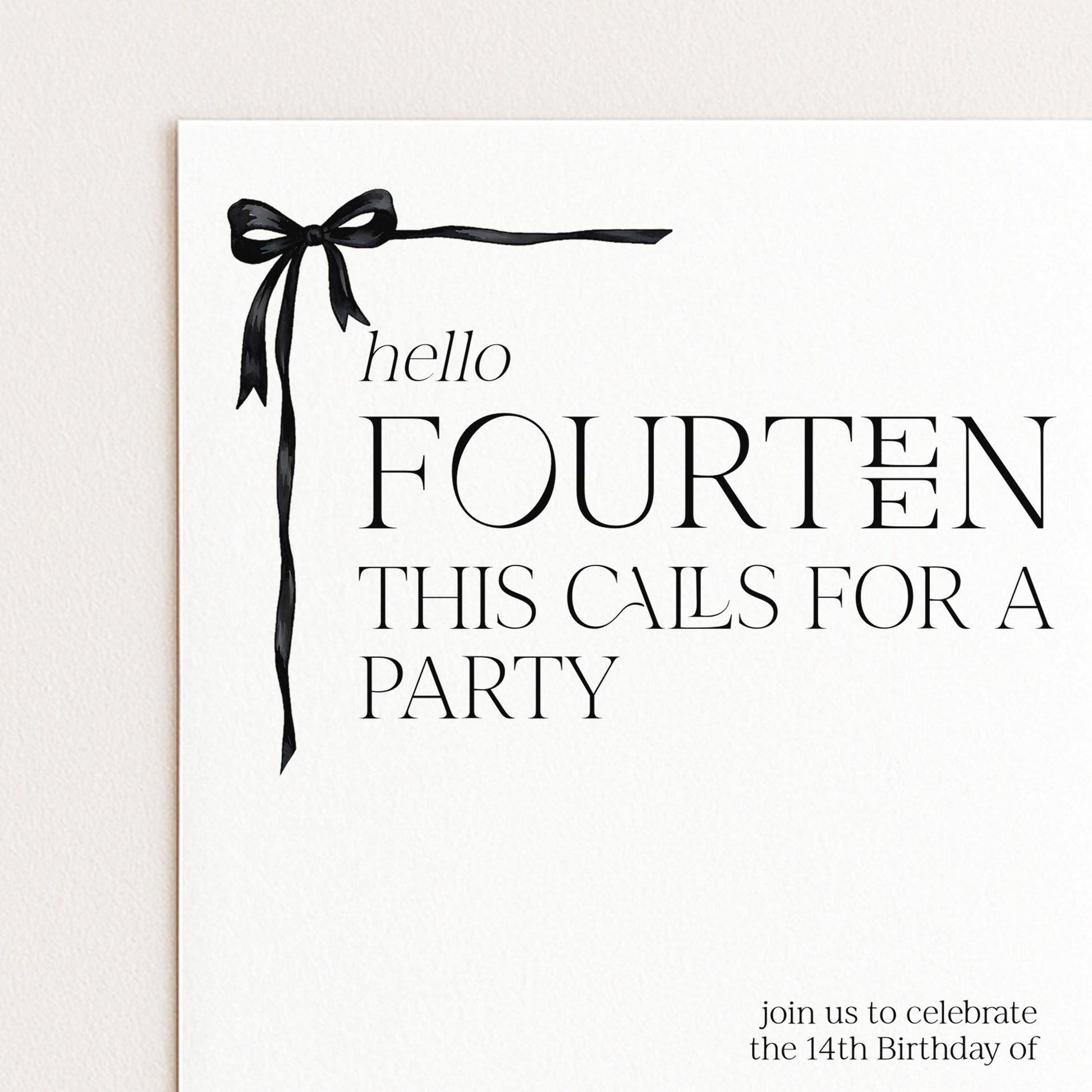 14th Birthday Invitation Girl, Hello Fourteen Party Invite, Bow Printable Invite, Editable Corjl Template