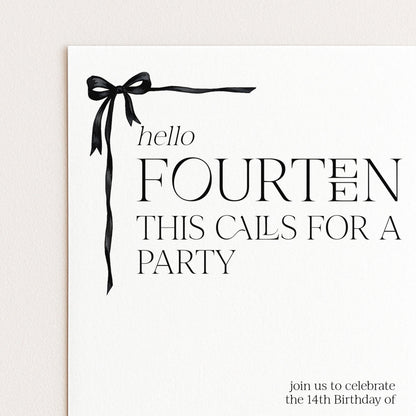 14th Birthday Invitation Girl, Hello Fourteen Party Invite, Bow Printable Invite, Editable Corjl Template