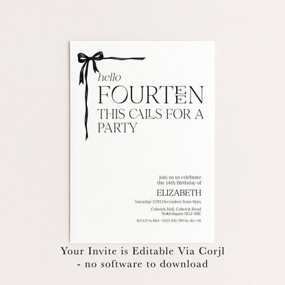 14th Birthday Invitation Girl, Hello Fourteen Party Invite, Bow Printable Invite, Editable Corjl Template