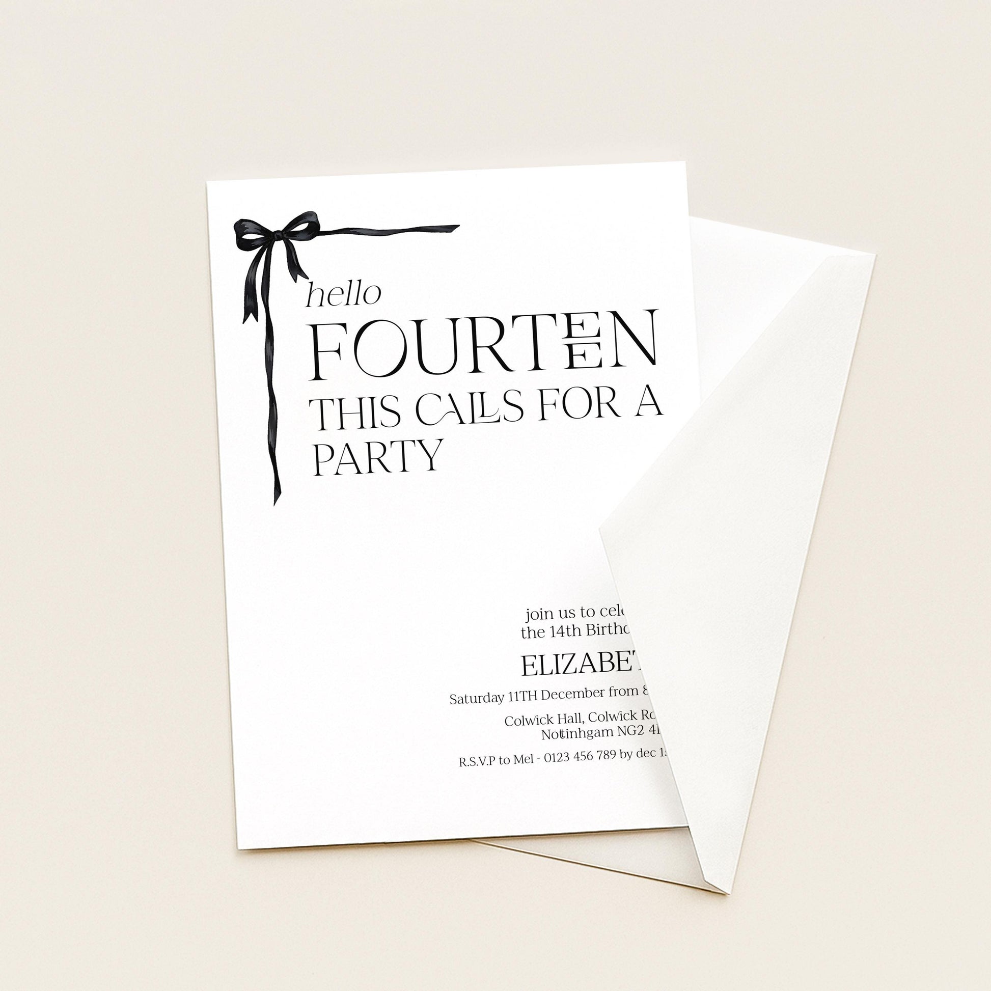14th Birthday Invitation Girl, Hello Fourteen Party Invite, Bow Printable Invite, Editable Corjl Template