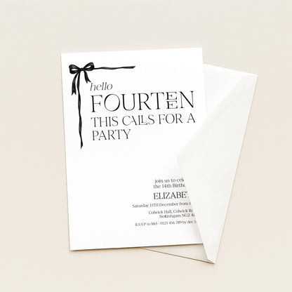 14th Birthday Invitation Girl, Hello Fourteen Party Invite, Bow Printable Invite, Editable Corjl Template
