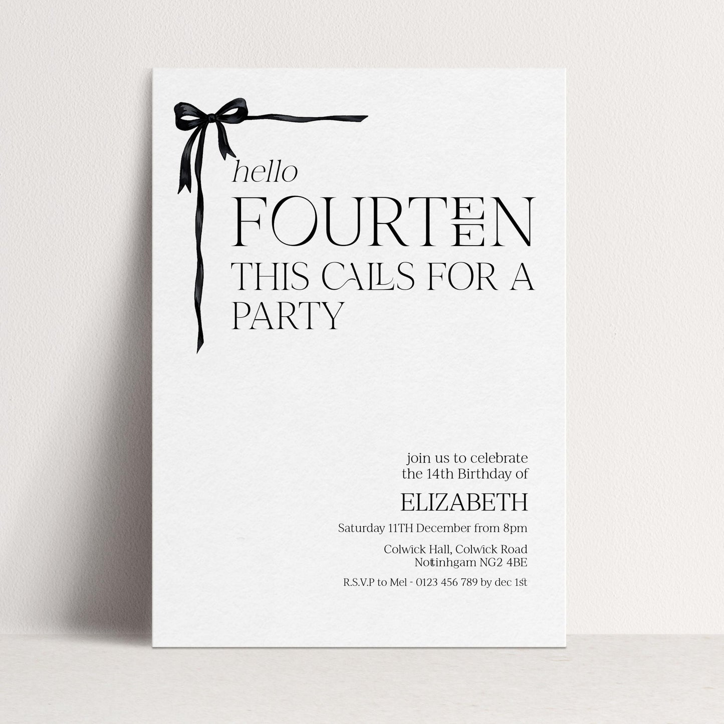 14th Birthday Invitation Girl, Hello Fourteen Party Invite, Bow Printable Invite, Editable Corjl Template