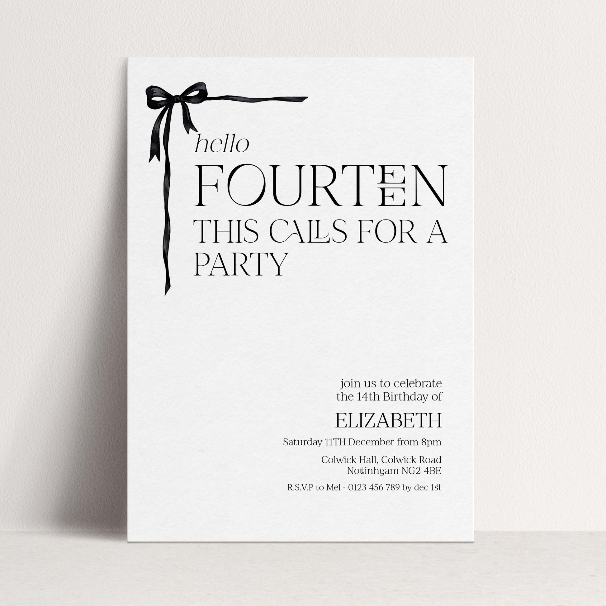 14th Birthday Invitation Girl, Hello Fourteen Party Invite, Bow Printable Invite, Editable Corjl Template