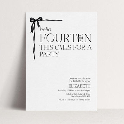 14th Birthday Invitation Girl, Hello Fourteen Party Invite, Bow Printable Invite, Editable Corjl Template