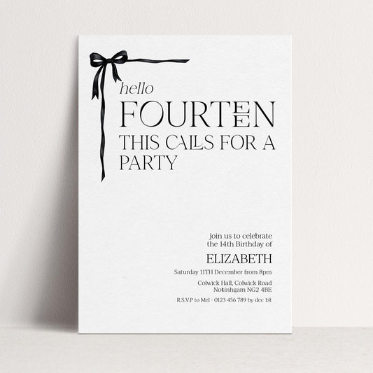 14th Birthday Invitation Girl, Hello Fourteen Party Invite, Bow Printable Invite, Editable Corjl Template