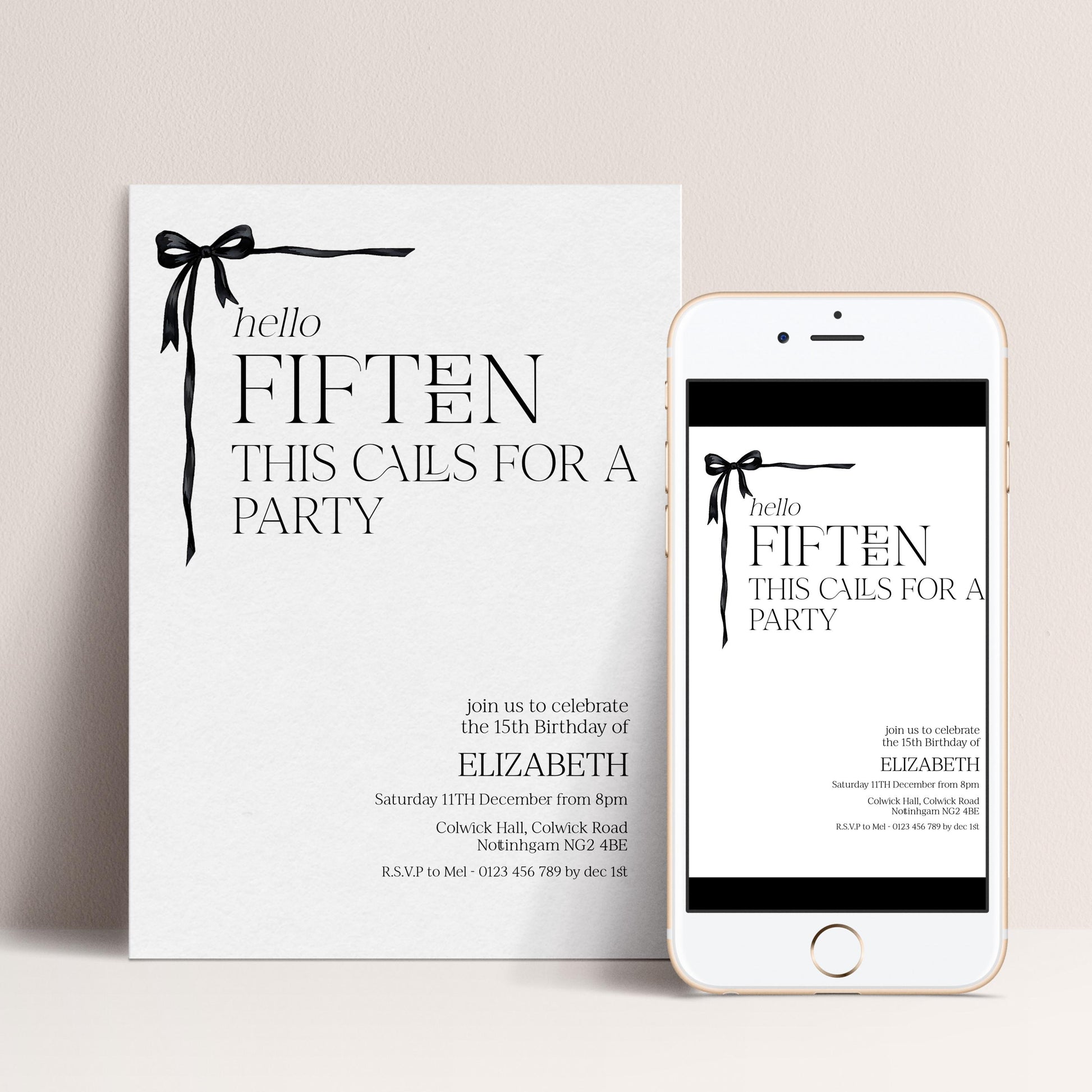 15th Birthday Invitation Girl, Hello Fifteen Party Invite, Printable Bow Birthday Invite, Editable Corjl Template