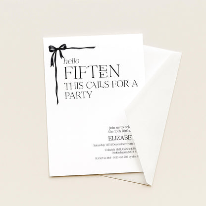 15th Birthday Invitation Girl, Hello Fifteen Party Invite, Printable Bow Birthday Invite, Editable Corjl Template