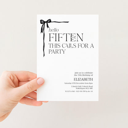 15th Birthday Invitation Girl, Hello Fifteen Party Invite, Printable Bow Birthday Invite, Editable Corjl Template