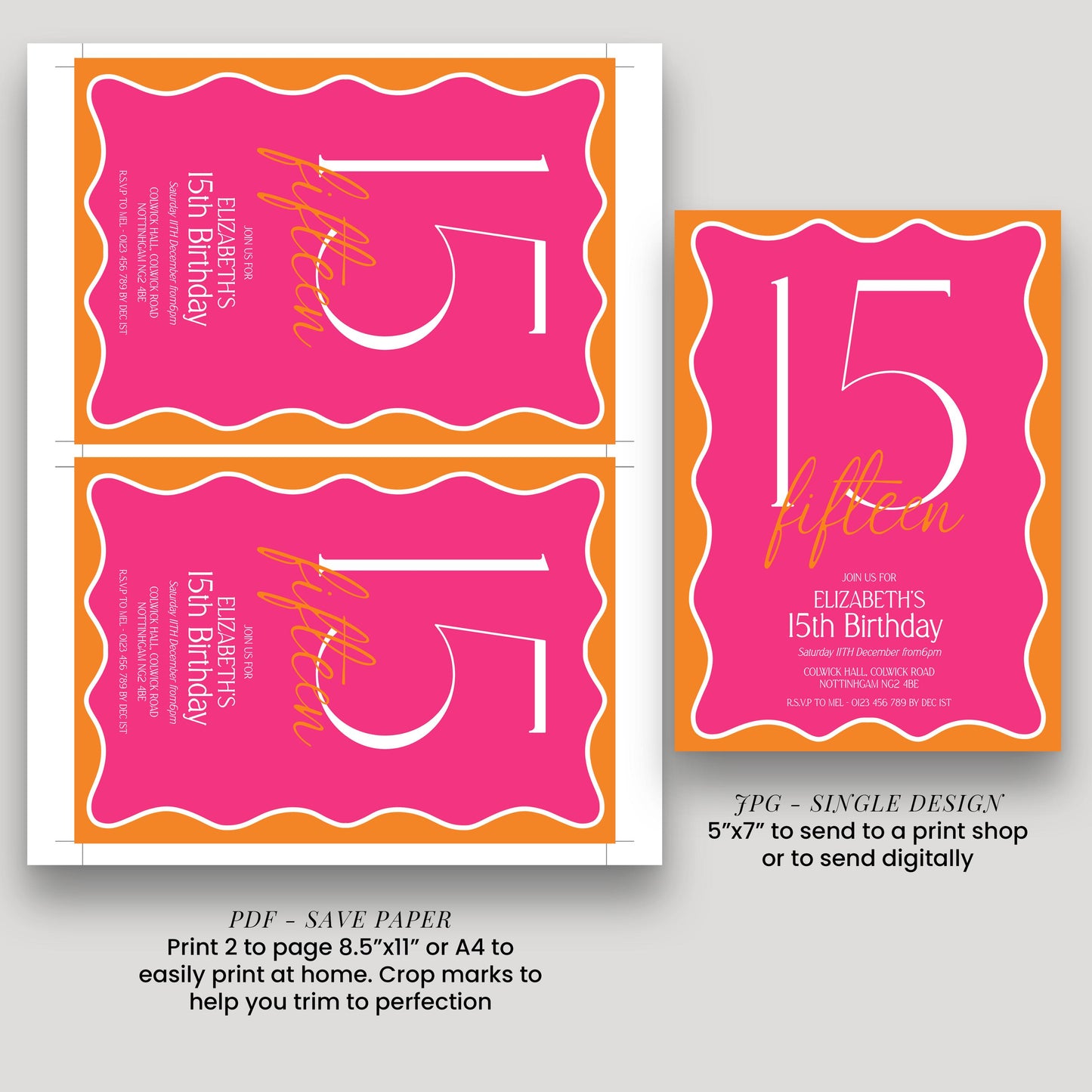 15th Birthday Invitation Girl, Pink Orange 15th Party Invite, Teen Printable Invite, Editable Corjl Template