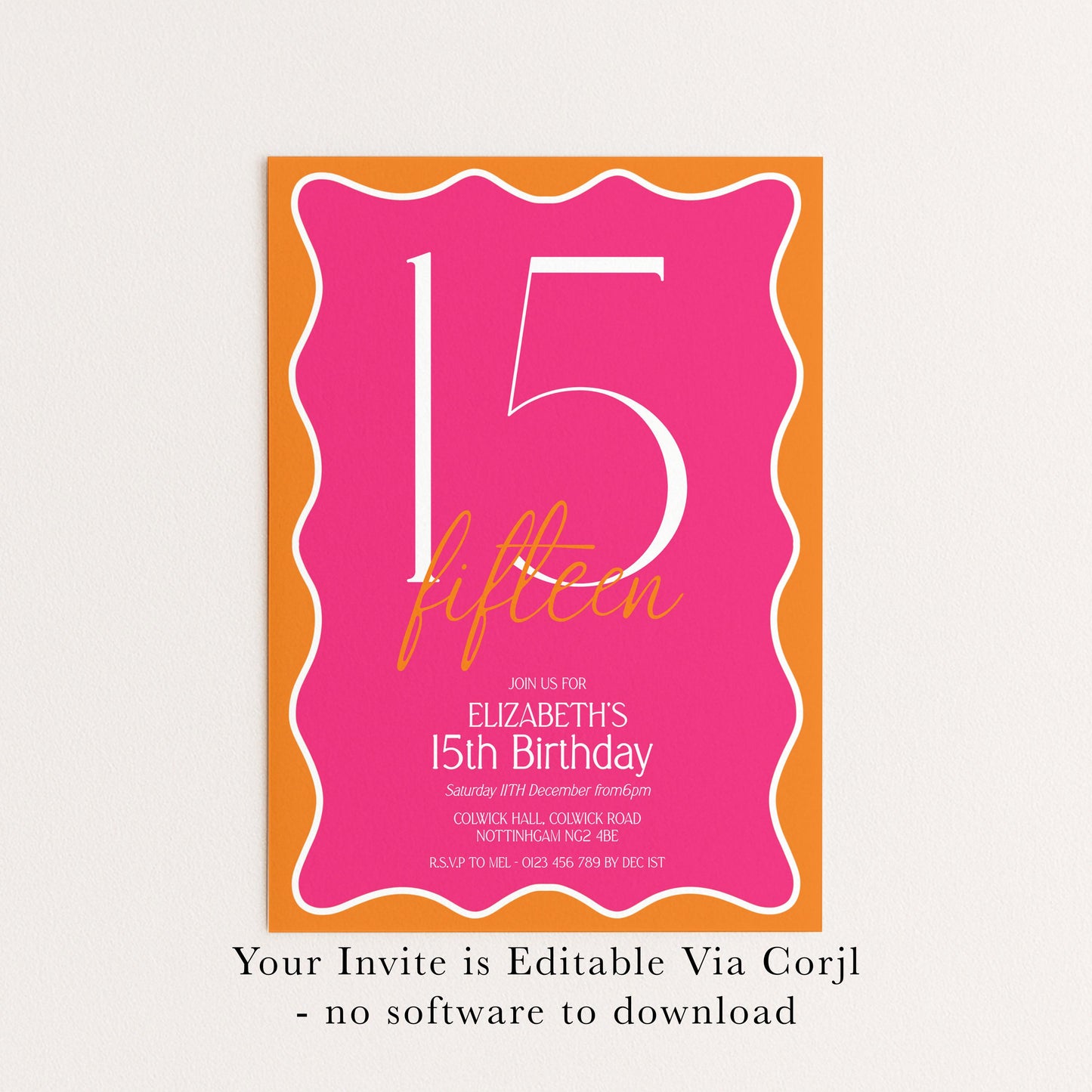 15th Birthday Invitation Girl, Pink Orange 15th Party Invite, Teen Printable Invite, Editable Corjl Template
