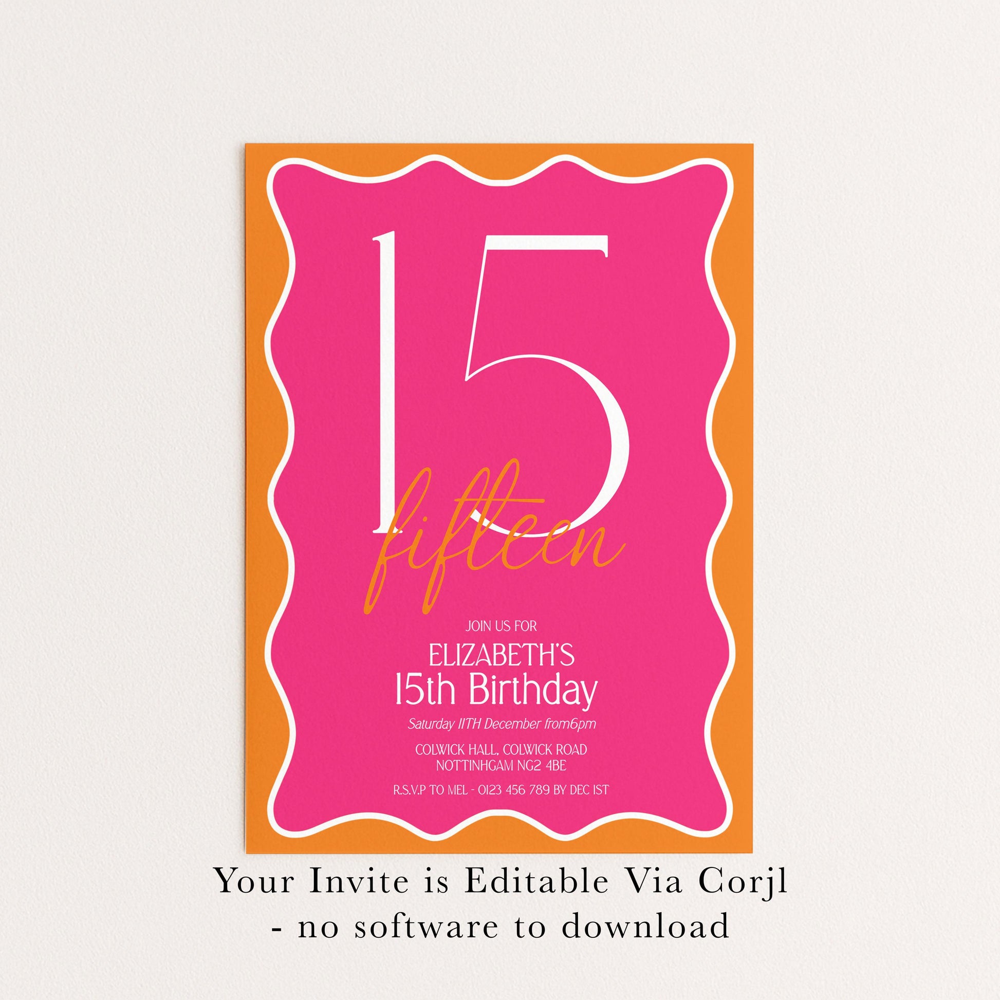 15th Birthday Invitation Girl, Pink Orange 15th Party Invite, Teen Printable Invite, Editable Corjl Template
