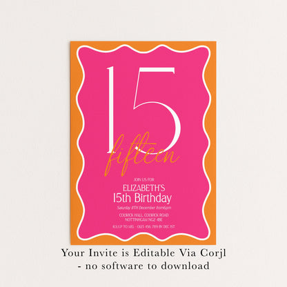 15th Birthday Invitation Girl, Pink Orange 15th Party Invite, Teen Printable Invite, Editable Corjl Template