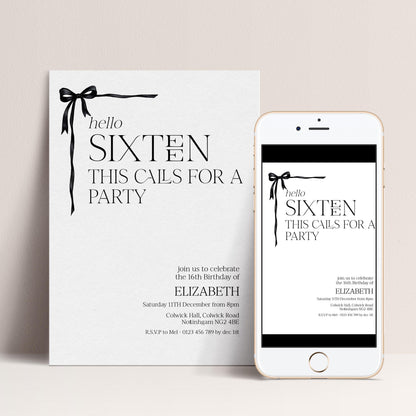 16th Birthday Invitation Girl, Sweet 16 Printable Bow Invite, Hello Sixteen Party Invite, Editable Corjl Template