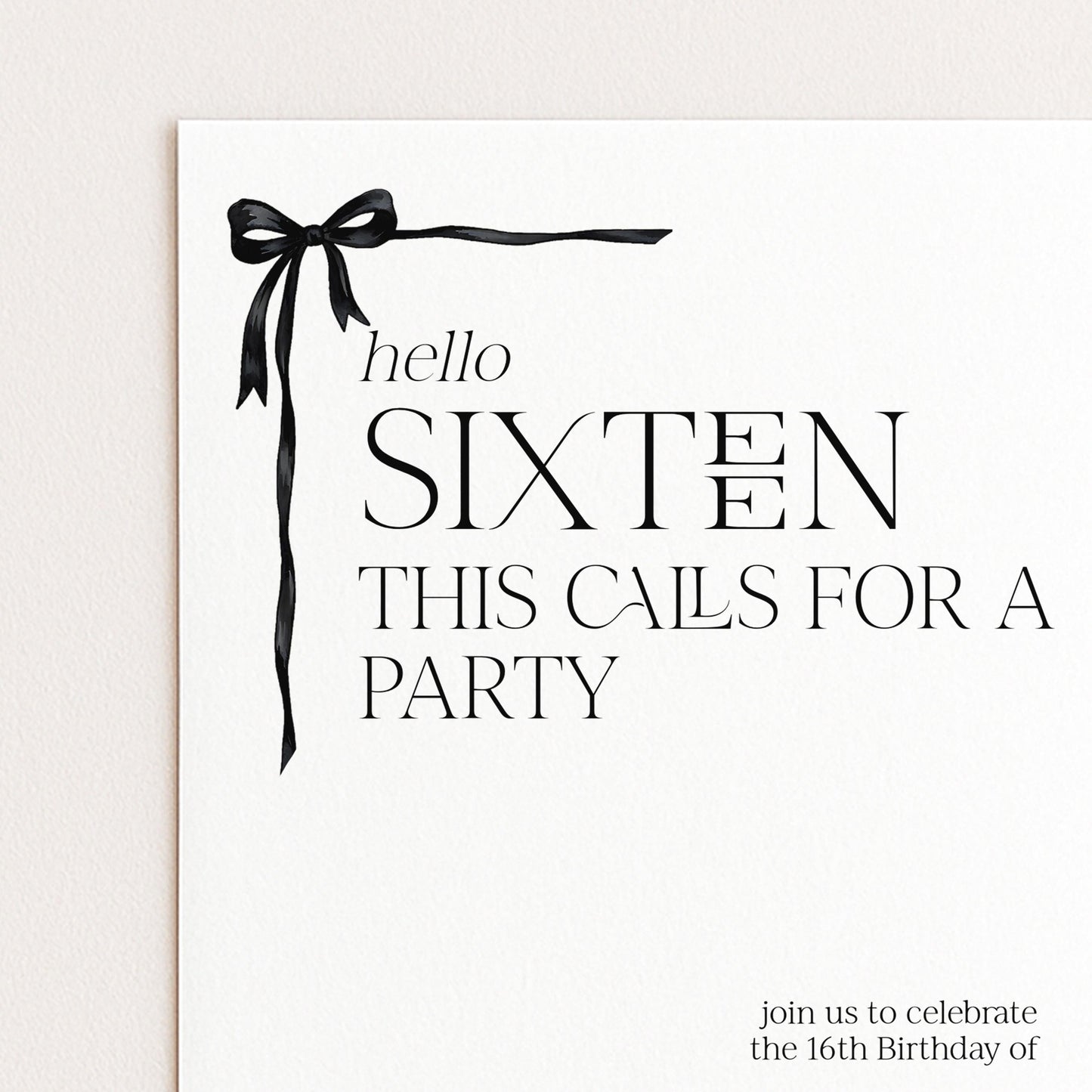 16th Birthday Invitation Girl, Sweet 16 Printable Bow Invite, Hello Sixteen Party Invite, Editable Corjl Template