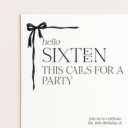 16th Birthday Invitation Girl, Sweet 16 Printable Bow Invite, Hello Sixteen Party Invite, Editable Corjl Template