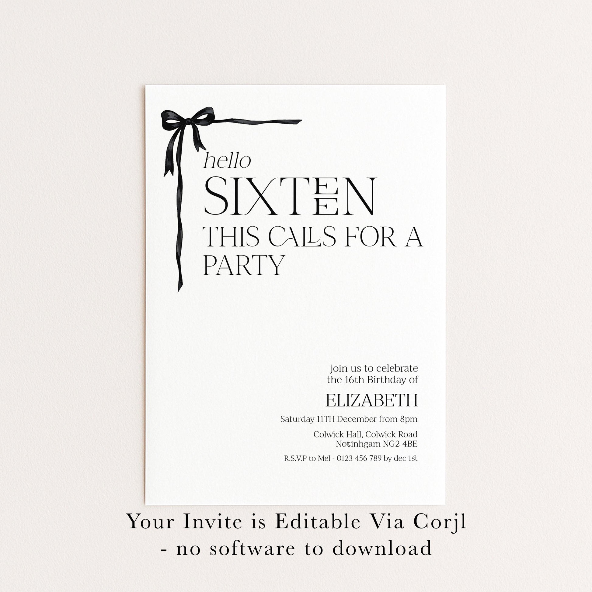 16th Birthday Invitation Girl, Sweet 16 Printable Bow Invite, Hello Sixteen Party Invite, Editable Corjl Template