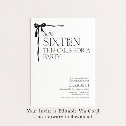 16th Birthday Invitation Girl, Sweet 16 Printable Bow Invite, Hello Sixteen Party Invite, Editable Corjl Template