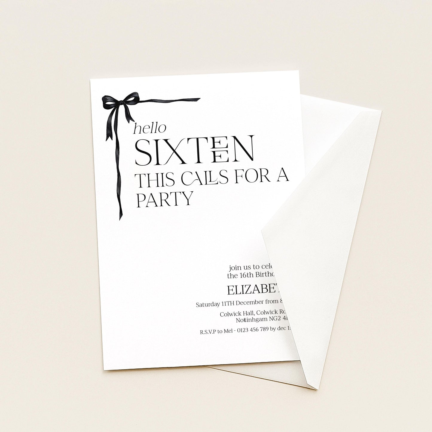 16th Birthday Invitation Girl, Sweet 16 Printable Bow Invite, Hello Sixteen Party Invite, Editable Corjl Template