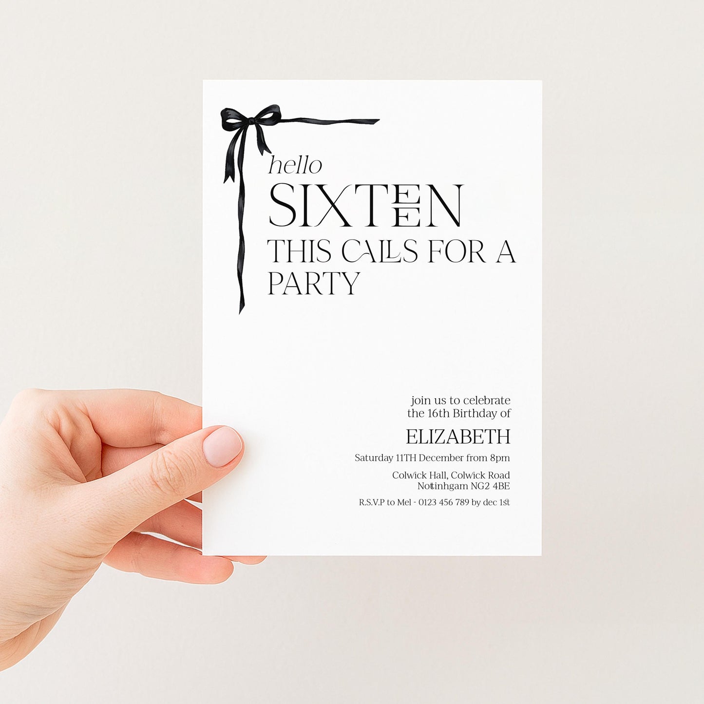 16th Birthday Invitation Girl, Sweet 16 Printable Bow Invite, Hello Sixteen Party Invite, Editable Corjl Template