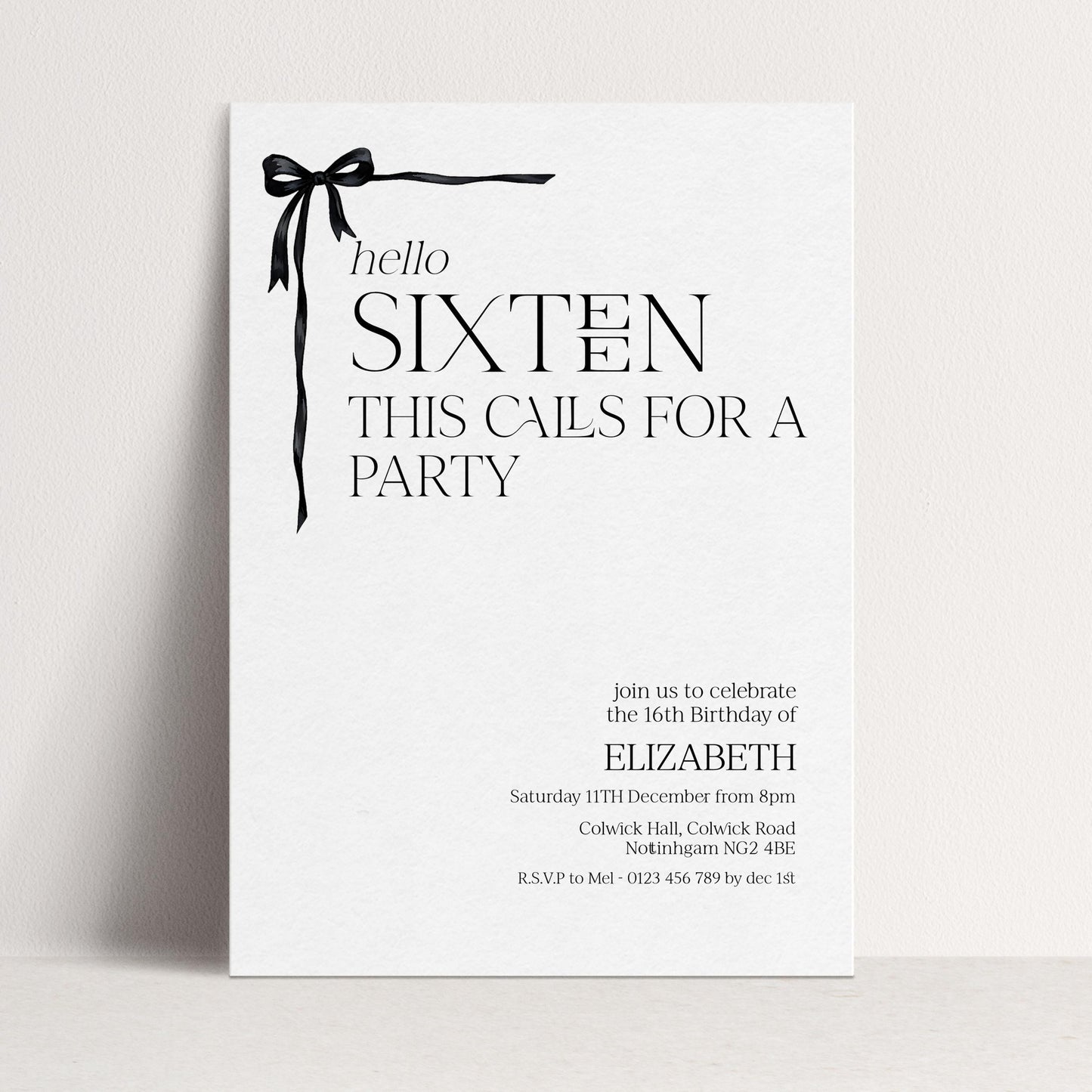 16th Birthday Invitation Girl, Sweet 16 Printable Bow Invite, Hello Sixteen Party Invite, Editable Corjl Template