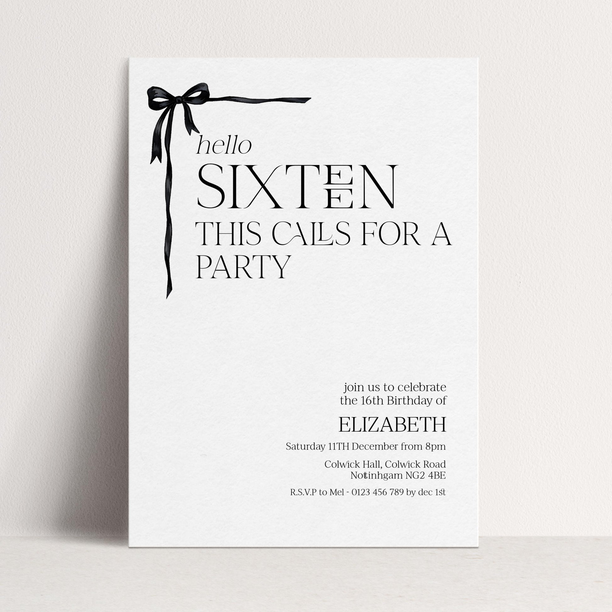 16th Birthday Invitation Girl, Sweet 16 Printable Bow Invite, Hello Sixteen Party Invite, Editable Corjl Template