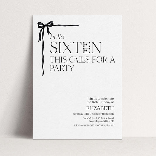 16th Birthday Invitation Girl, Sweet 16 Printable Bow Invite, Hello Sixteen Party Invite, Editable Corjl Template
