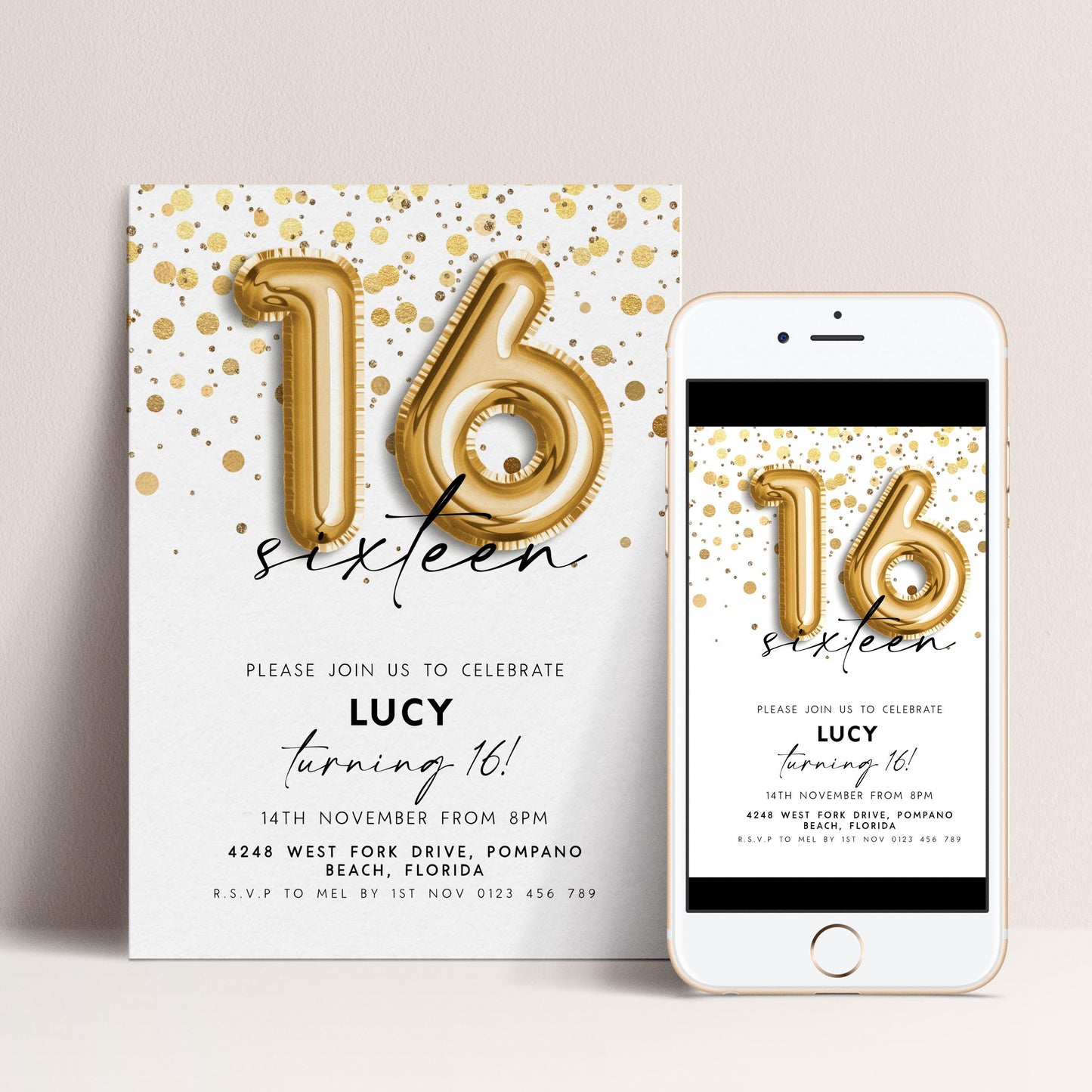 16th Birthday Invitation Gold Balloon, Sweet Sixteen Party Invite, Gold Confetti Birthday, Editable Template