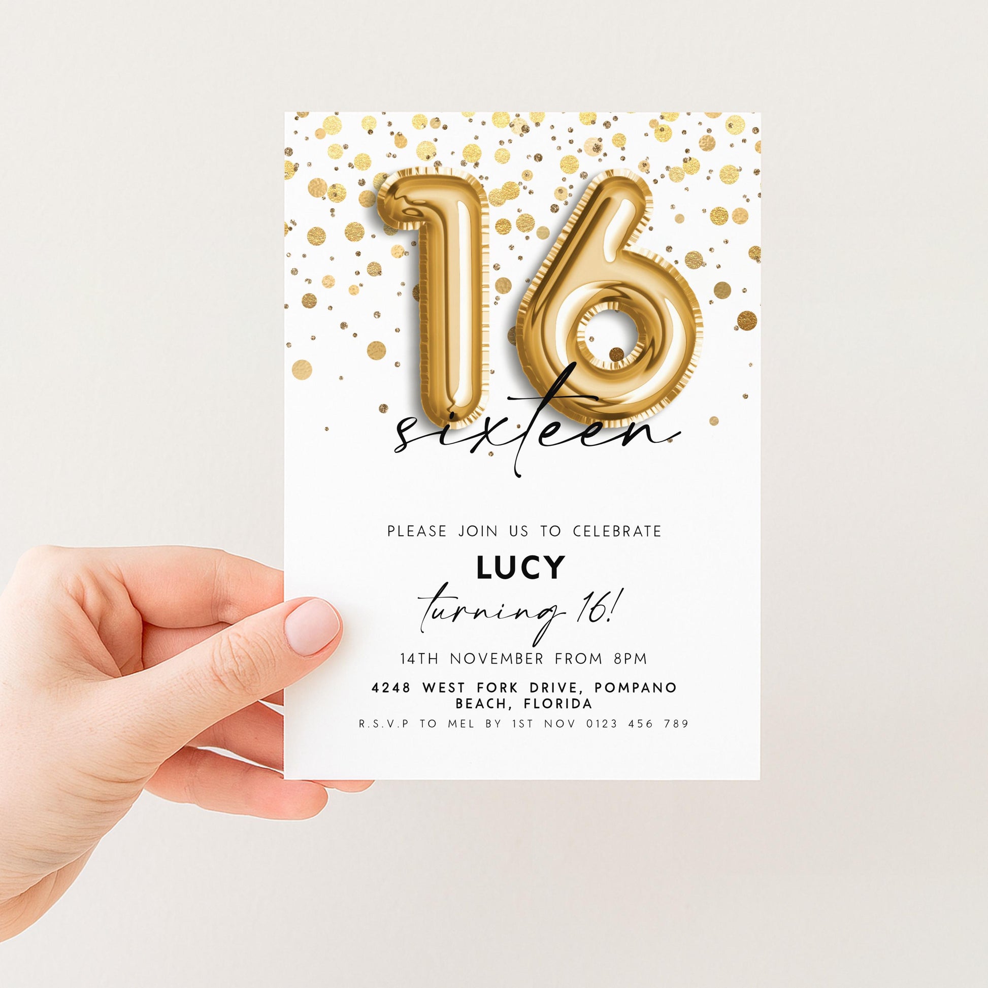 16th Birthday Invitation Gold Balloon, Sweet Sixteen Party Invite, Gold Confetti Birthday, Editable Template