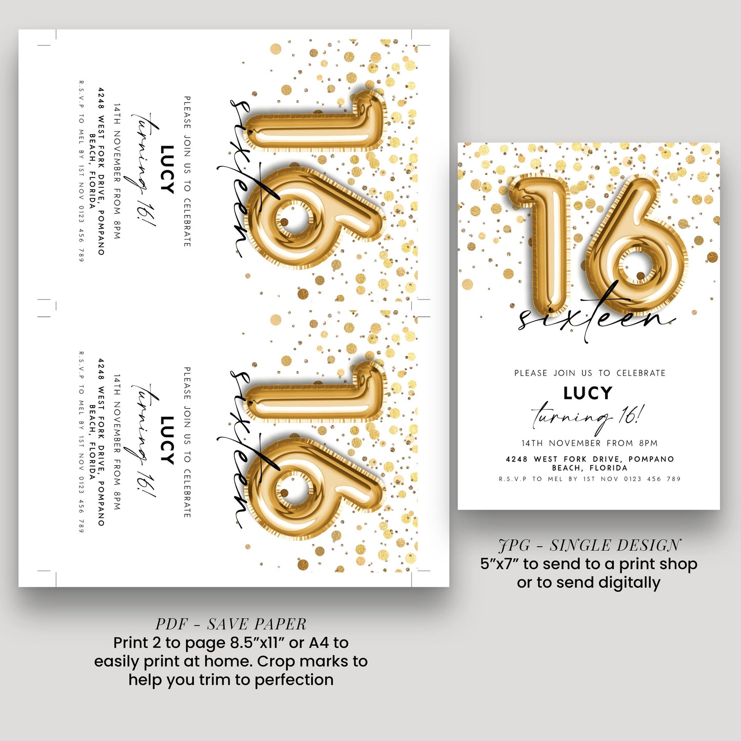 16th Birthday Invitation Gold Balloon, Sweet Sixteen Party Invite, Gold Confetti Birthday, Editable Template