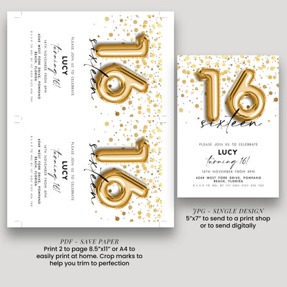 16th Birthday Invitation Gold Balloon, Sweet Sixteen Party Invite, Gold Confetti Birthday, Editable Template