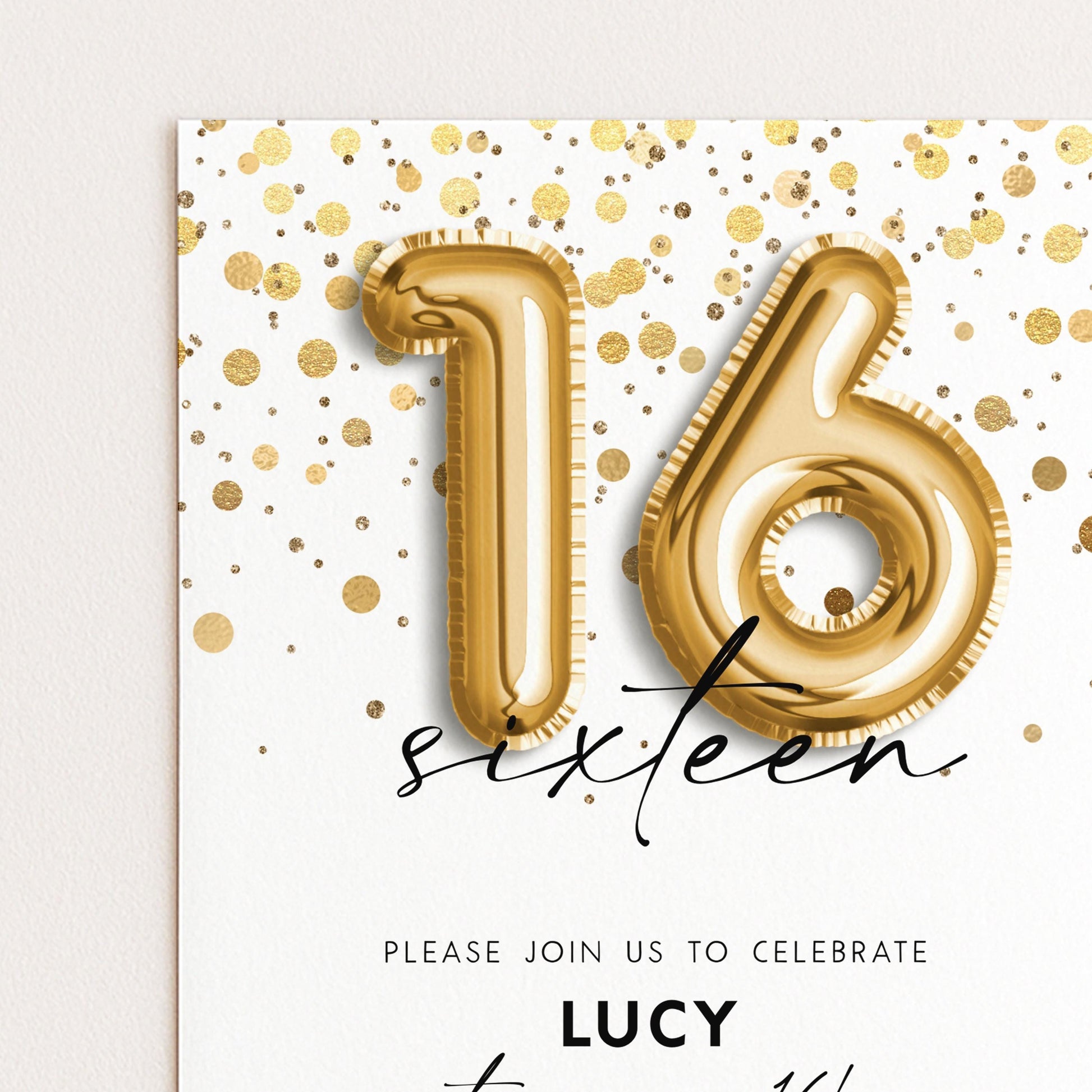 16th Birthday Invitation Gold Balloon, Sweet Sixteen Party Invite, Gold Confetti Birthday, Editable Template