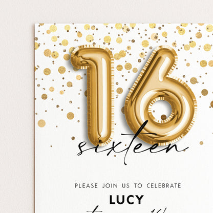16th Birthday Invitation Gold Balloon, Sweet Sixteen Party Invite, Gold Confetti Birthday, Editable Template