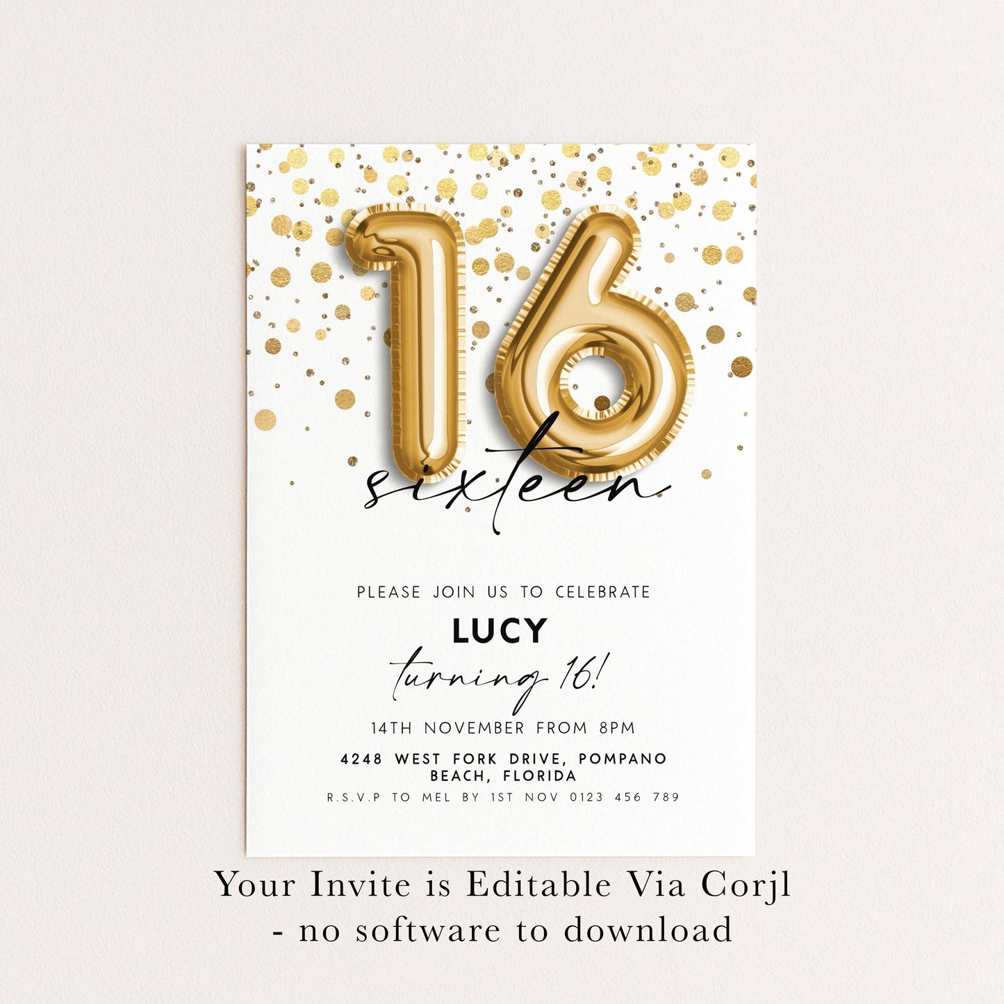 16th Birthday Invitation Gold Balloon, Sweet Sixteen Party Invite, Gold Confetti Birthday, Editable Template