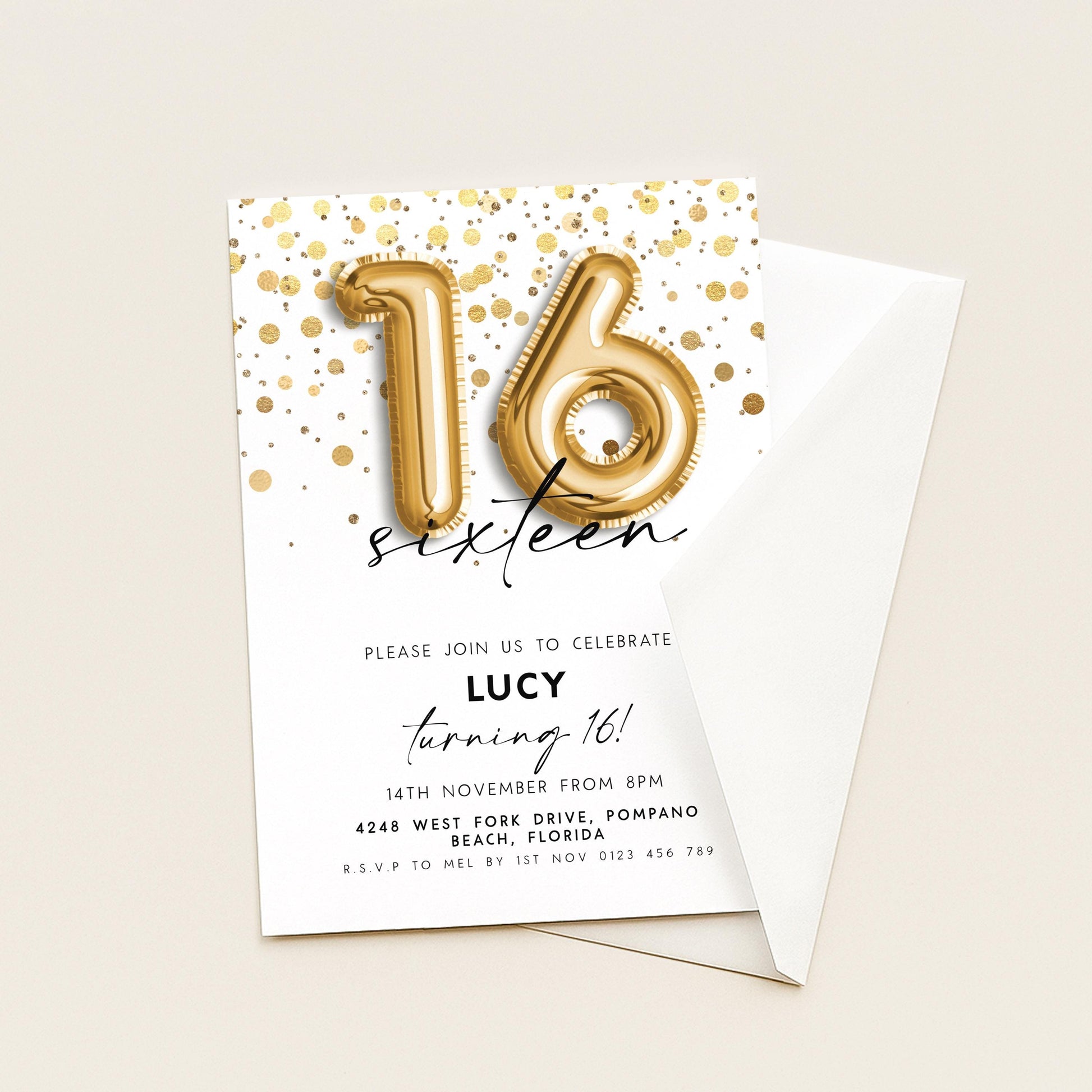 16th Birthday Invitation Gold Balloon, Sweet Sixteen Party Invite, Gold Confetti Birthday, Editable Template