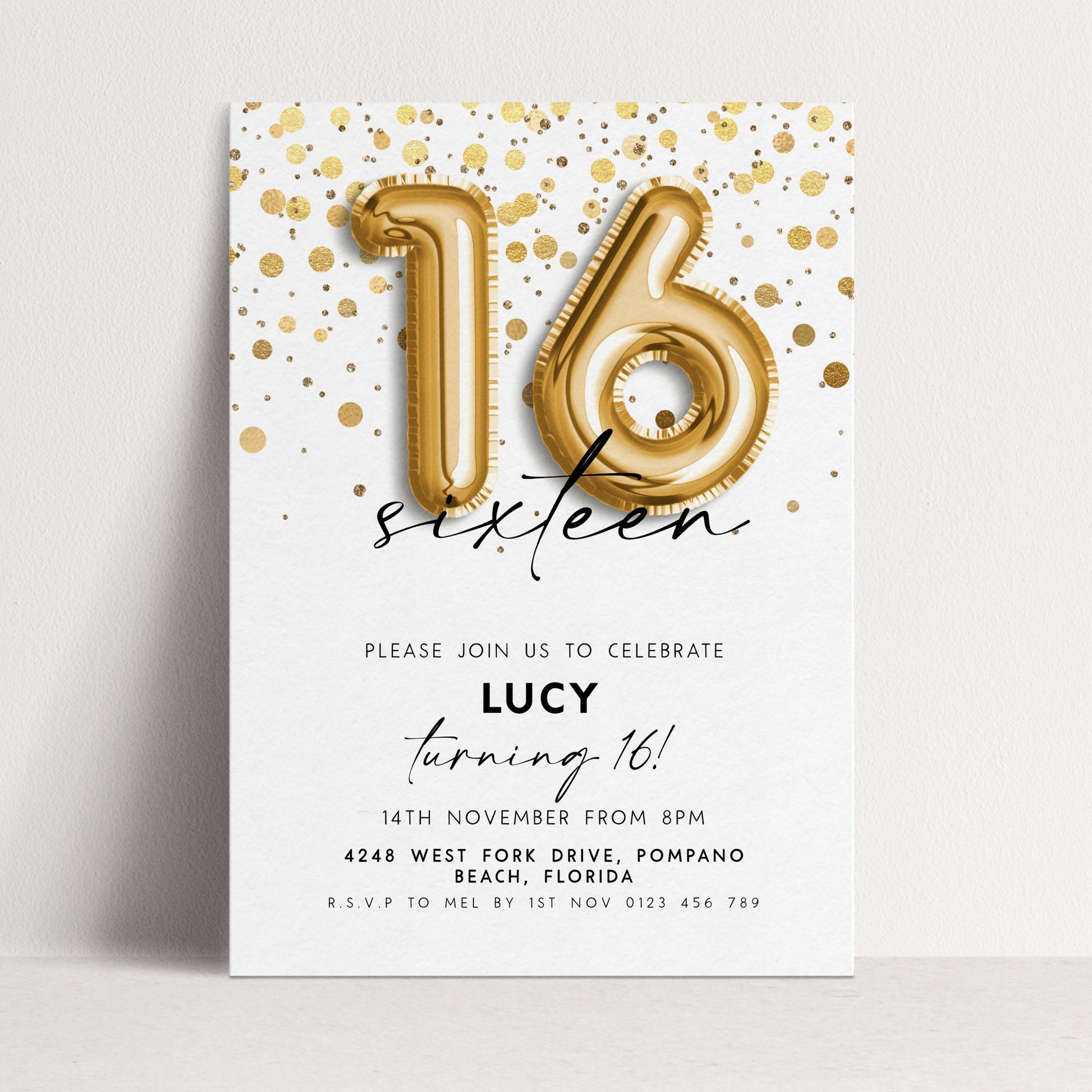16th Birthday Invitation Gold Balloon, Sweet Sixteen Party Invite, Gold Confetti Birthday, Editable Template