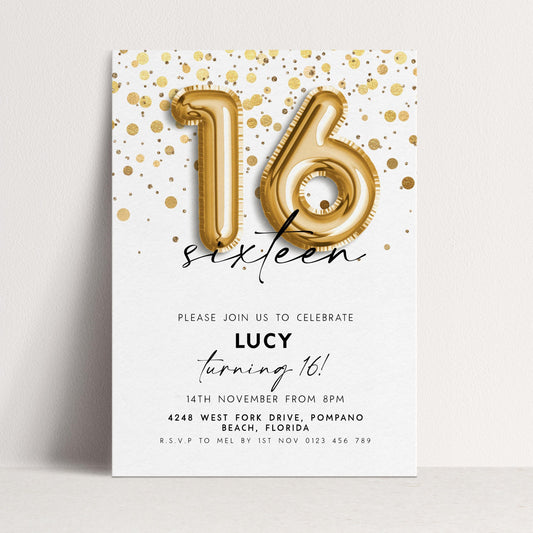 16th Birthday Invitation Gold Balloon, Sweet Sixteen Party Invite, Gold Confetti Birthday, Editable Template