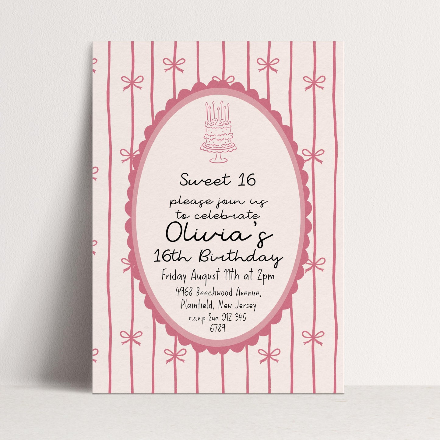 16th Birthday Invitation, Pink Bow Invite, Sweet 16 Coquette Birthday Party Invite, Pink Ribbon, Elegant Girls Party Printable Template
