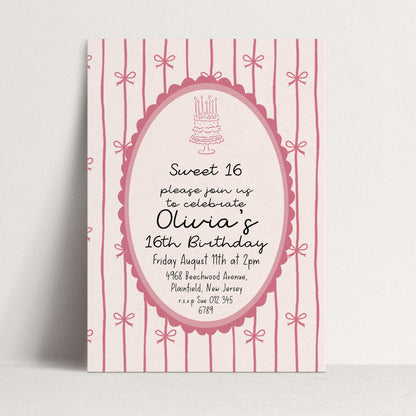 16th Birthday Invitation, Pink Bow Invite, Sweet 16 Coquette Birthday Party Invite, Pink Ribbon, Elegant Girls Party Printable Template