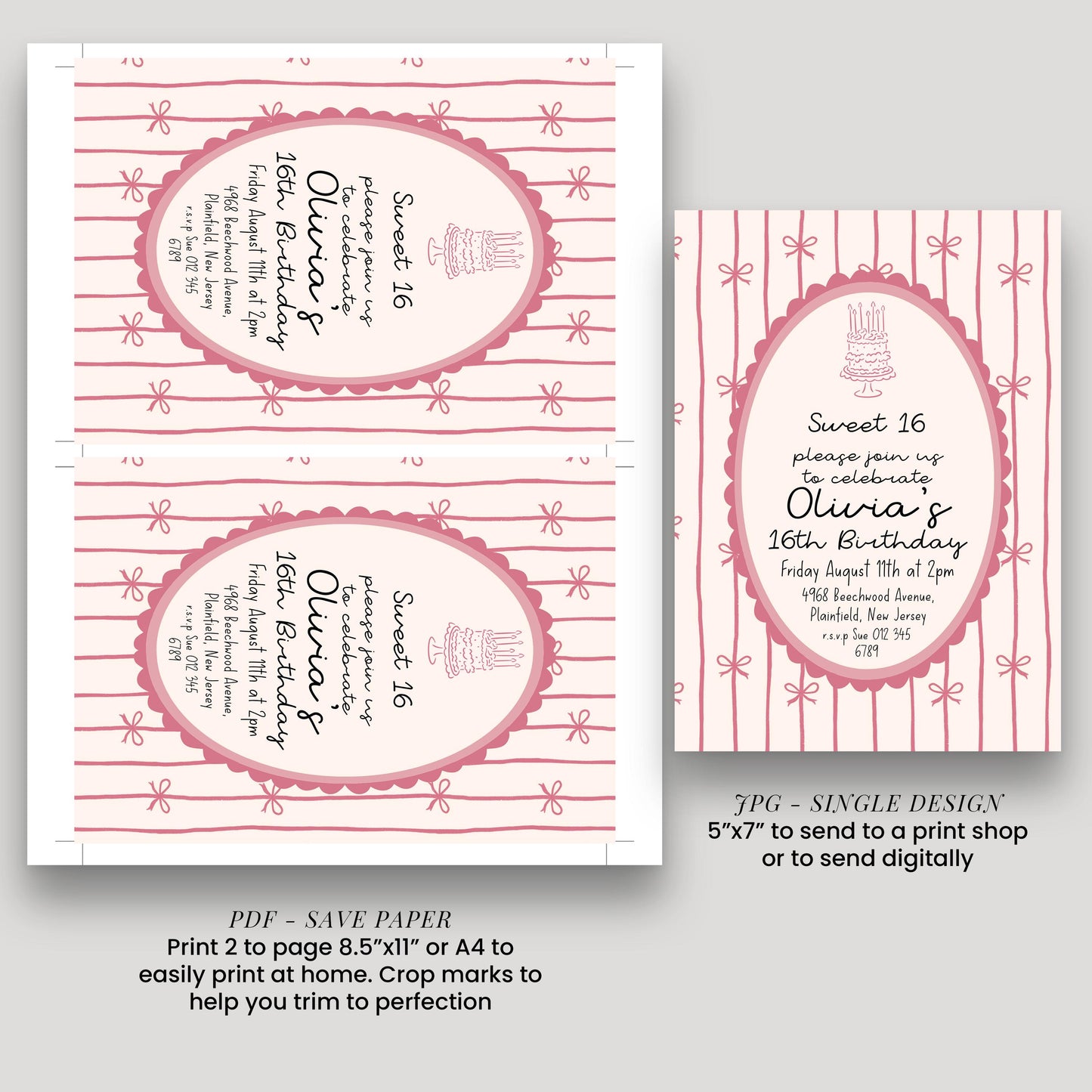 16th Birthday Invitation, Pink Bow Invite, Sweet 16 Coquette Birthday Party Invite, Pink Ribbon, Elegant Girls Party Printable Template
