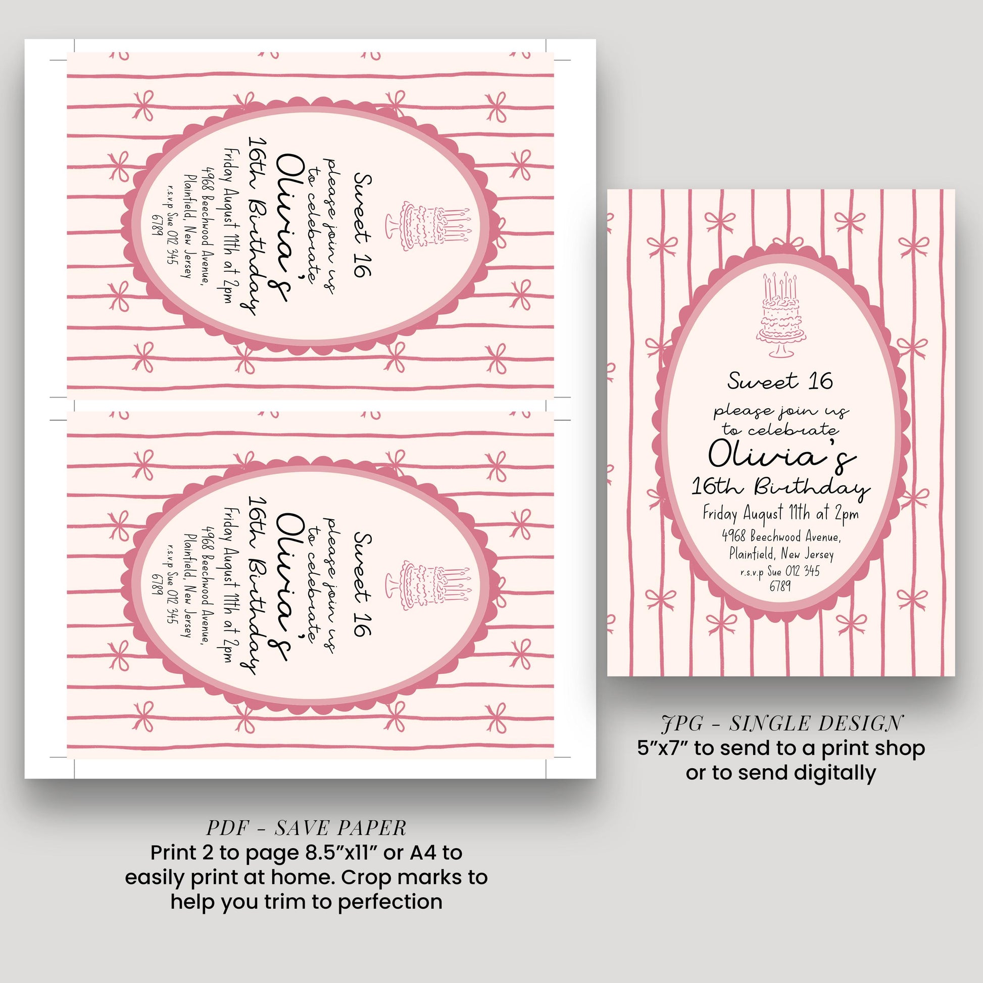 16th Birthday Invitation, Pink Bow Invite, Sweet 16 Coquette Birthday Party Invite, Pink Ribbon, Elegant Girls Party Printable Template